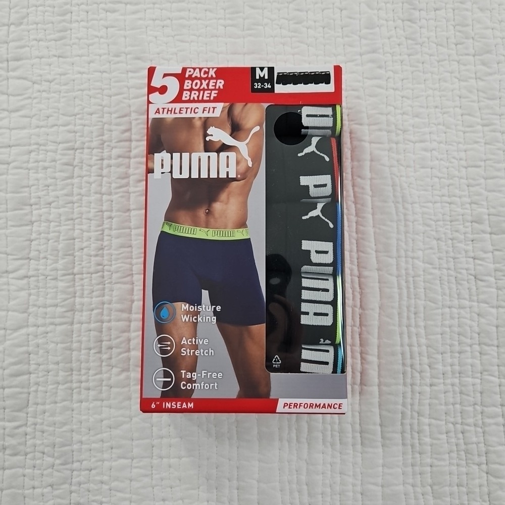 Puma Boxer Briefs Men Medium Black NWT 5-Pack Athletic Fit 6" Inseam Stretch